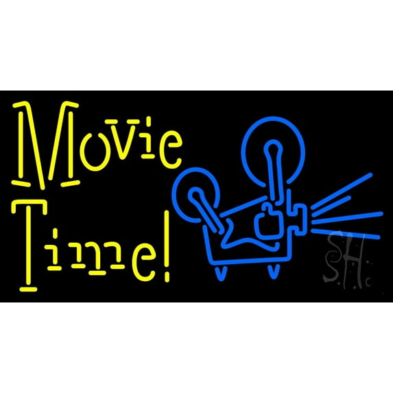 Yellow Movie Time With Logo LED Neon Sign 13" Tall x 24" Wide - inches Black Square Cut Acrylic Backing, with Dimmer - Premium built indoor Sign for Storefront, Store interior, Café, Events, Cinema.