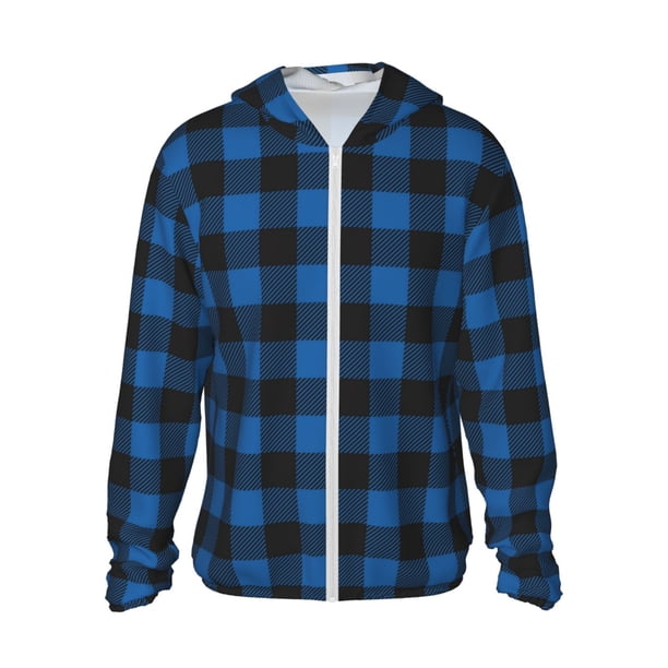 Fotbe Blue Black Plaid Chaqueta con Protección Solar UPF 50+ para Hombre y Mujer, Camisa con Capucha y Bolsillos-XX-Large