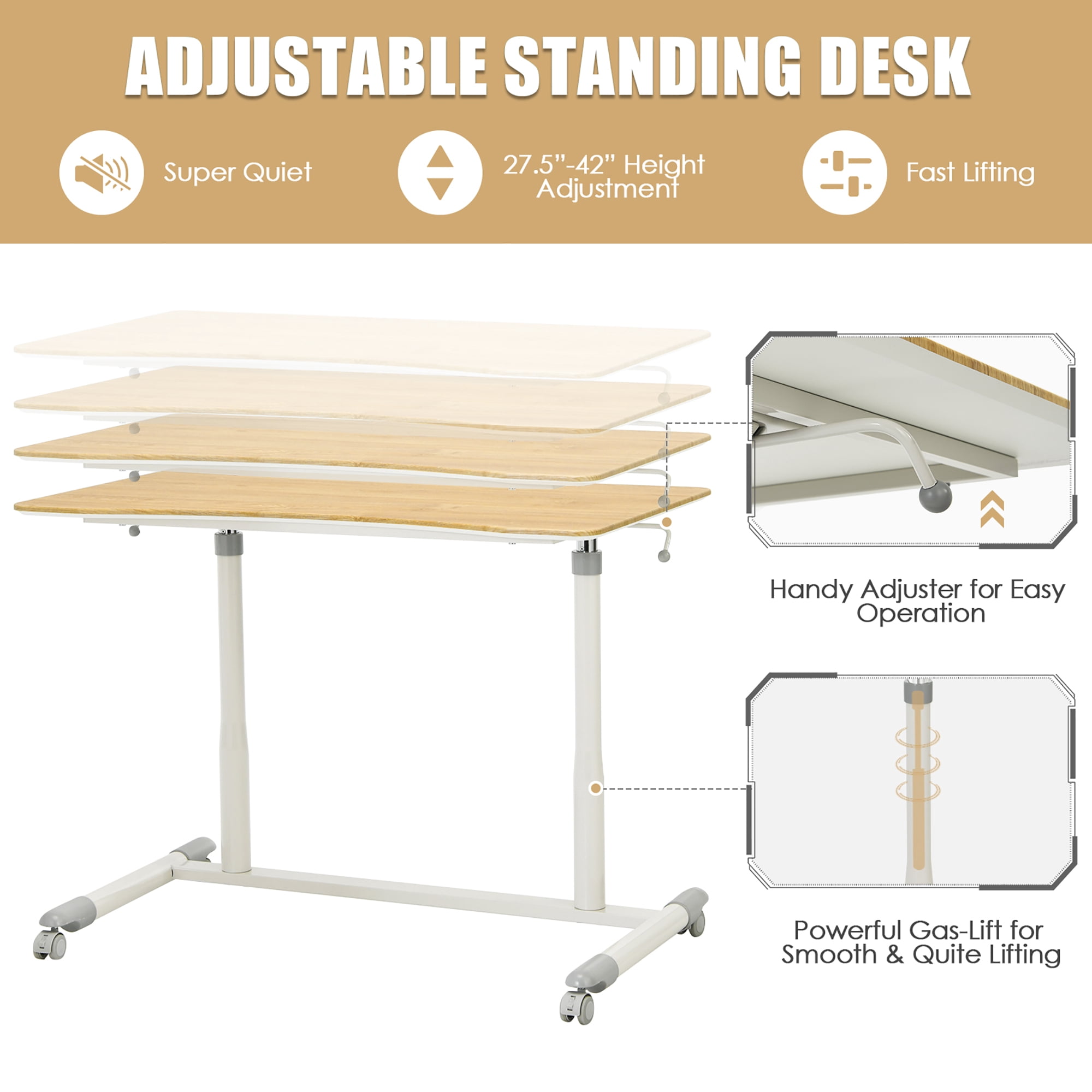 Goplus Height Adjustable Computer Desk Sit Stand Rolling Notebook Table Natural
