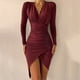 thumbnail image 4 of Vestido sexy fruncido a la moda para mujer, vestido con escote en V profundo, vestido de manga larga irregular para cenas, fiestas, banquetes, vestidos ajustados, vestido de discoteca, 4 of 5