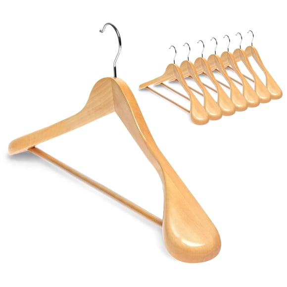 Coat Hanger 8-Pack, Meqution Wood Hangers Trouser Hangers Extra Wide Shoulder Wooden Hangers For Heavy Coat, Sweater, Skirt, Suit, Pants, Retro Finish (Natural Finish)