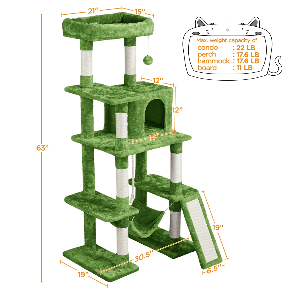 Yaheetech 62.6 Inch Multilevel Cat Tree with Hammock and 7 Scratching Posts, Green