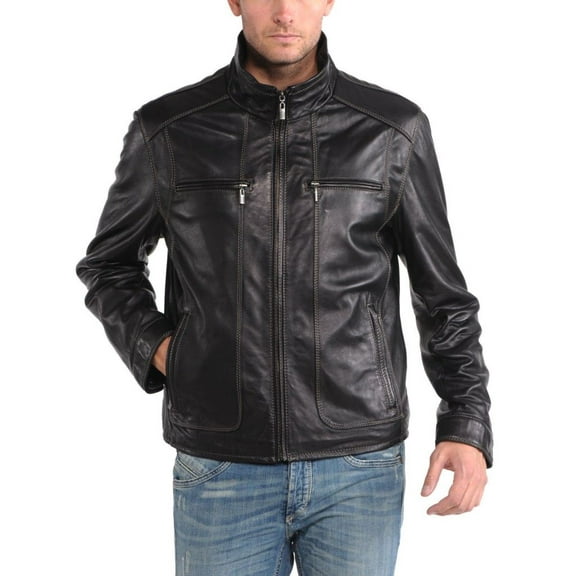 Noora Men’s Black Lambskin Leather Jacket with Stitched Design | Biker Leather Jacket for Mens | Warm Winter Leather Jacket with Band Collar |