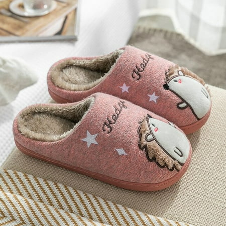 

PIKADINGNIS Cute Female Indoor Slippers Cartoon Little Hedgehog Couple Home Furry Slippers 2021 Autumn Winter Men Non-Slip and Warm Shoes