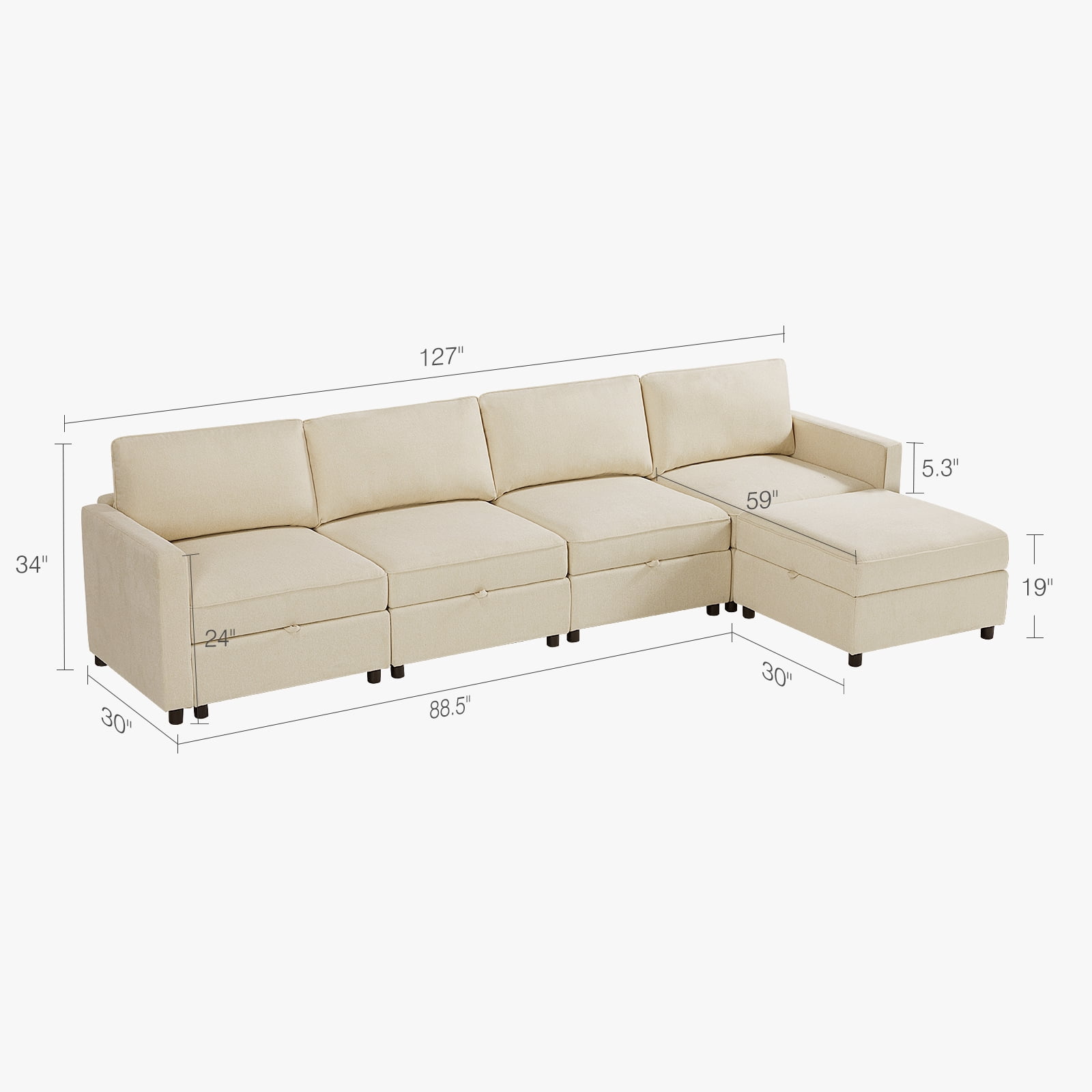 GIANNA 5 Seat Convertible Sectional Sofa Couch, U-Shaped Modern Modular Sofa Sleeper with Ottoman, For Living Room, Beige