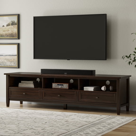 Simpli Home Warm Shaker 72 inch Wide Solid Wood Low TV Stand in Tobacco Brown For TVs up to 80 inches