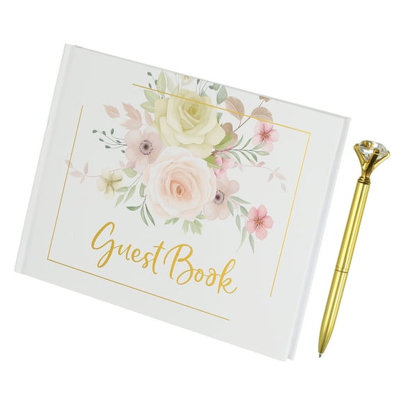 Guest Book, Wedding Guest Sign Book Reception Signature Book Party Decorations Supplies with Diamond Pen for Birthday Bridal Shower, Pink Rose
