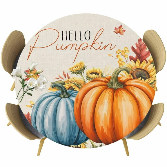 Orange Blue Pumpkins Fall Fitted Tablecloth with Elastic Edged, Round Table Cloth for Dining Table, Thanksgiving Botanical Floral Rustic Waterproof Oil Proof Table Cover for Indoor Outdoor 36"-44"