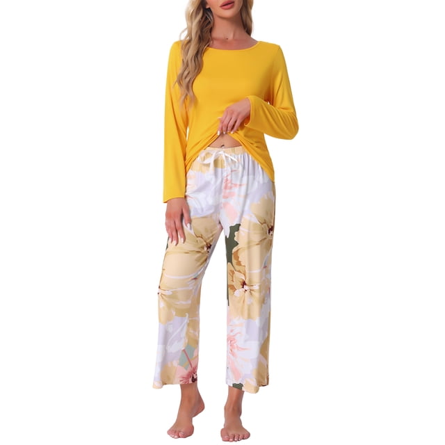 Conjunto de lounge para mujeres INSPIRE CHIC, camiseta de manga larga con capri floral, sets de pijama suaves y elásticos, ropa de casa de 2 piezas, XL, amarillo