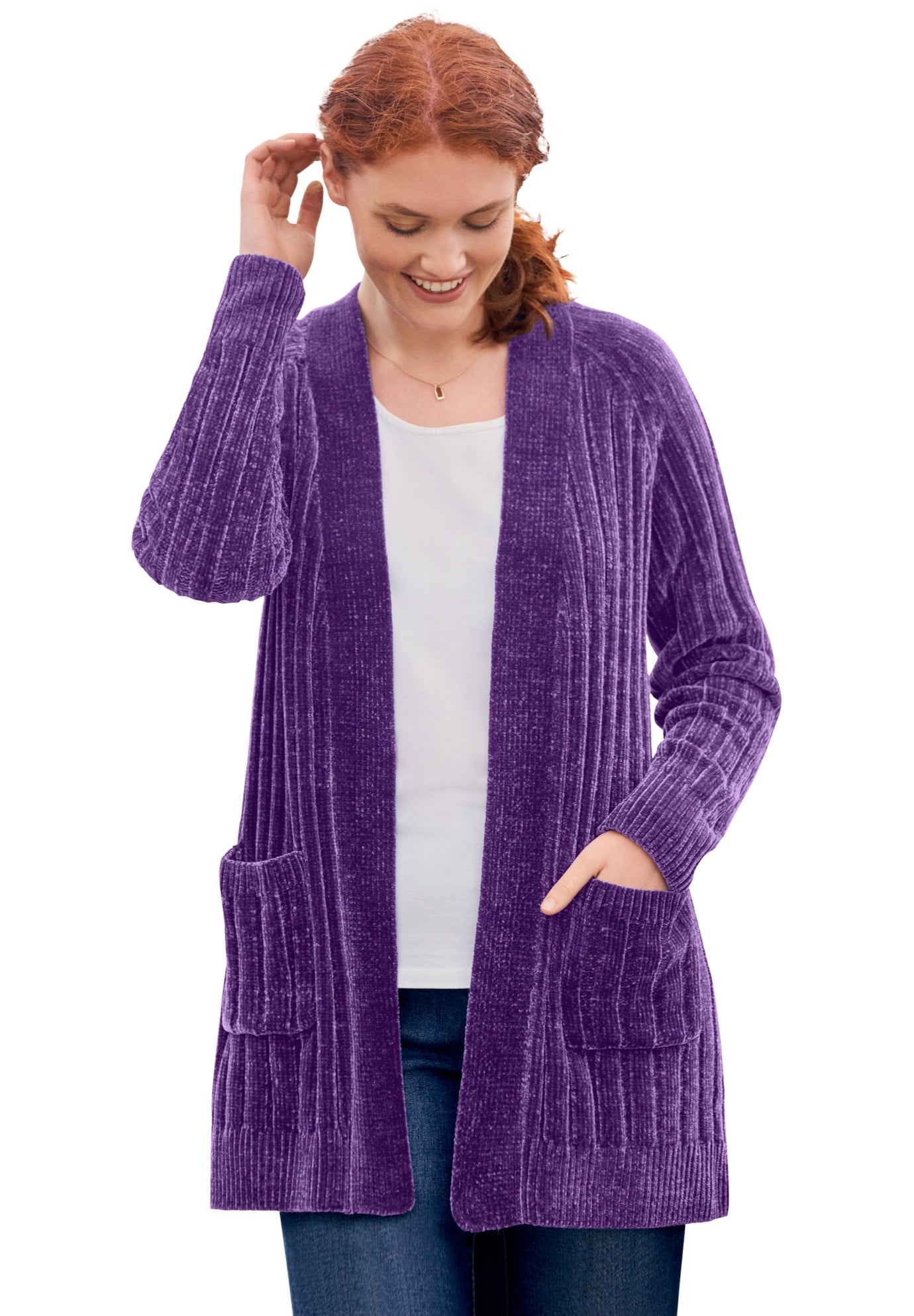 Woman Within Women's Plus Size Open Front Chenille Cardigan Sweater