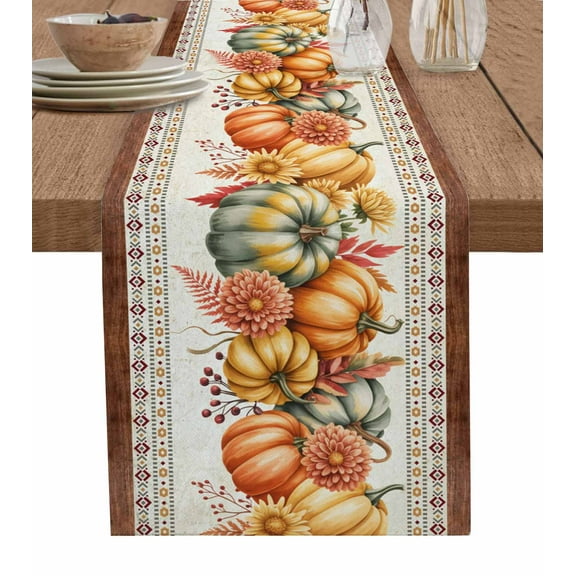 Orange Pumpkins Fall Burlap Cotton Table Runner 13x70 Inches Long, Thanksgiving Southwestern Autumn Floral Pumpkin Farmhouse Table Runners, Outdoor Dining Tablecloths Decor for Baby Shower/Party