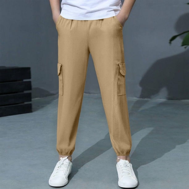 Pantalones largos para niño grande, pantalones multibolsillos, pantalones deportivos hasta el tobillo de color liso para niño, pantalones con cintura elástica, pantalones de algodón para niño