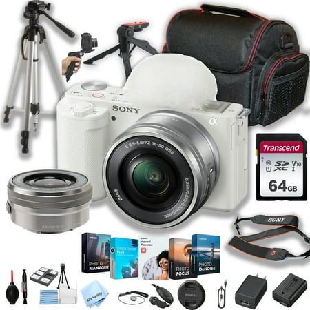 Sony ZV-E10 (White) Mirrorless Camera with 16-50mm Lens + 64GB Memory + Case+ Steady Grip Pod + Tripod+ Software Pack + More (30pc Bundle)