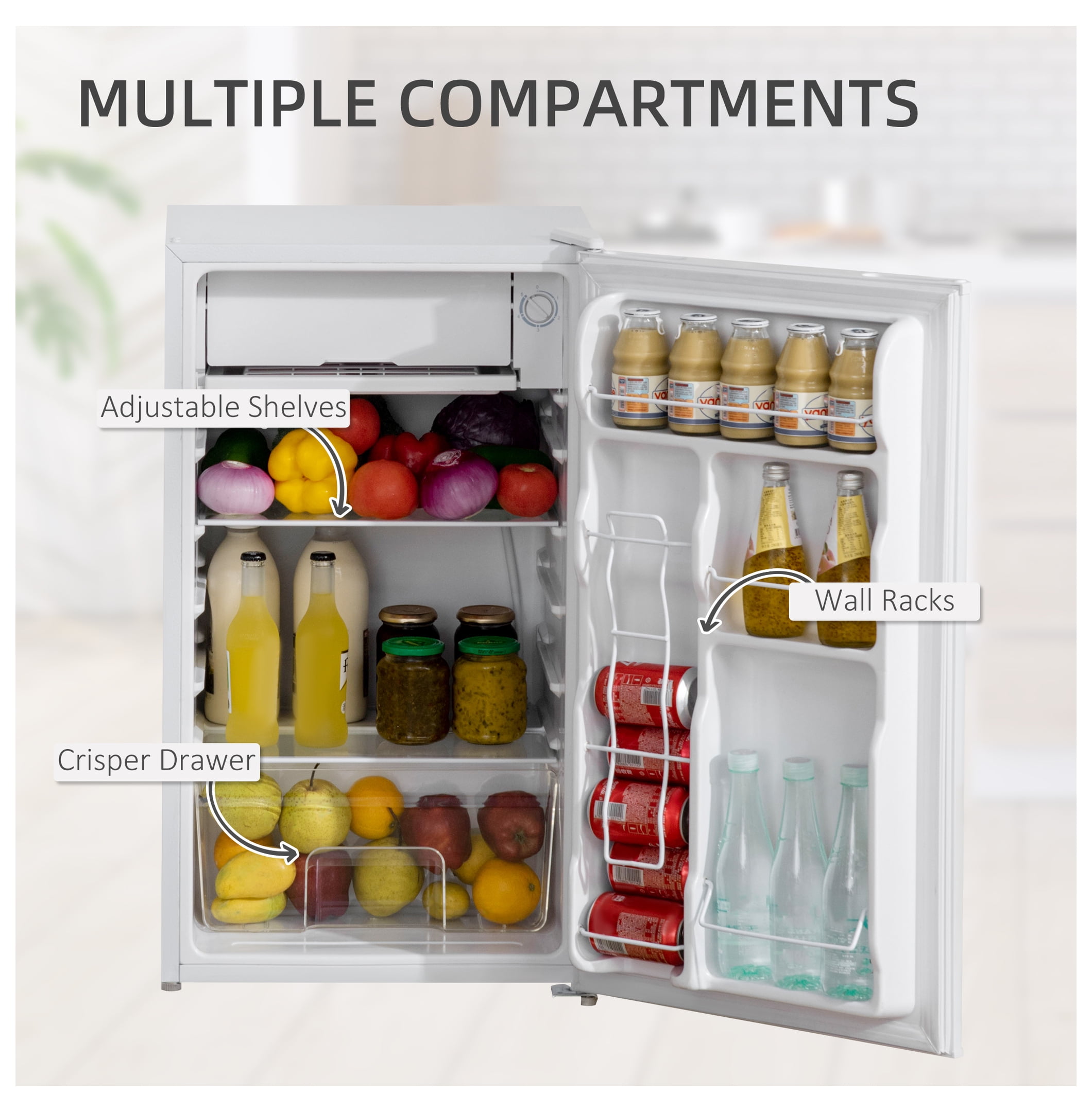 3.2 Cu.Ft Mini Fridge with Freezer, Single Door Compact Refrigerator with Adjustable Thermostat, Shelf and Reversible Door for Bedroom, Dorm, Home Office, Energy Efficient, White