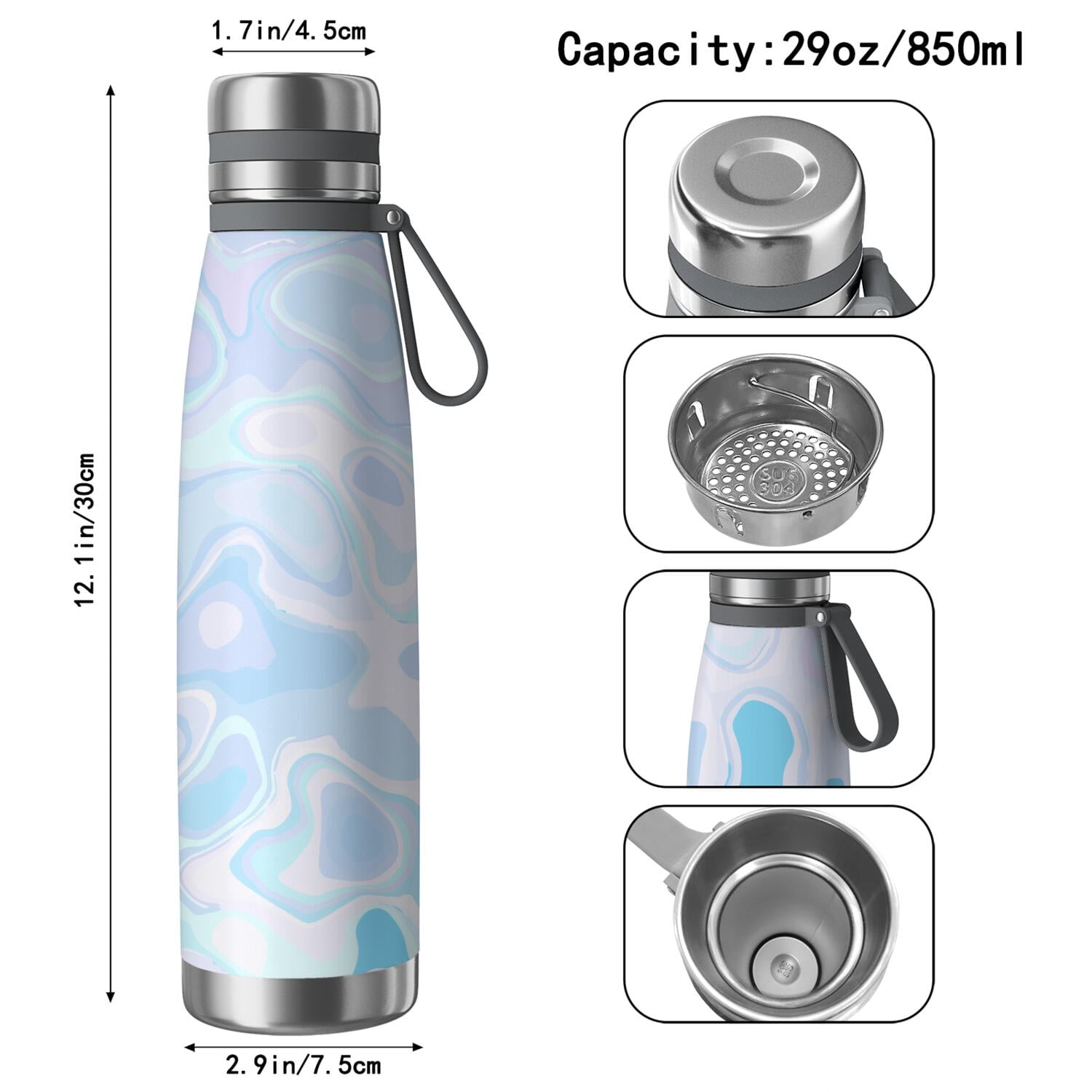 29oz Insulated Water Bottle with Tea Infuser, Stainless Steel Travel Mug, Fluid Smoke Aurora Art Style