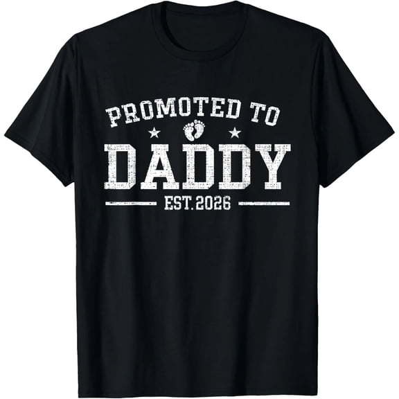 jilida Unisex Black Crew Neck Short Sleeve T-Shirt Promoted To Daddy Est 2026 New Dad Baby Footprint Distressed Graphic Tee