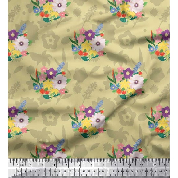 Soimoi Beige Poly Georgette Fabric Artistic Leaf & Floral Decor Fabric Printed Yard 42 Inch Wide