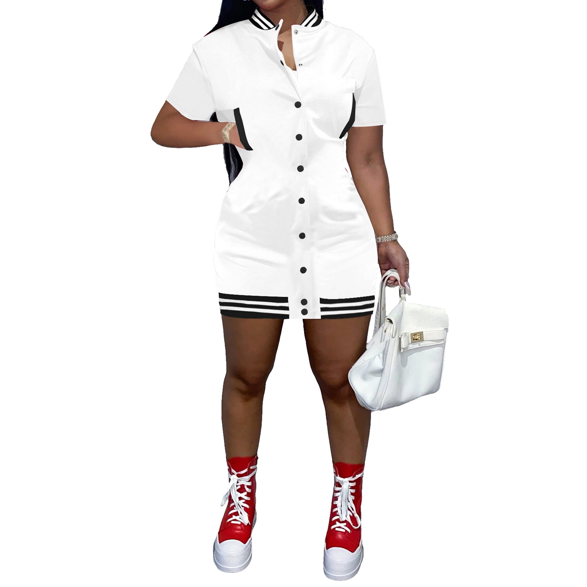 Kayotuas Womens Casual Sports Baseball Varsity Jacket Dress Short Sleeve  Snap Button Down Bodycon Short Mini Dresses Streetwear 