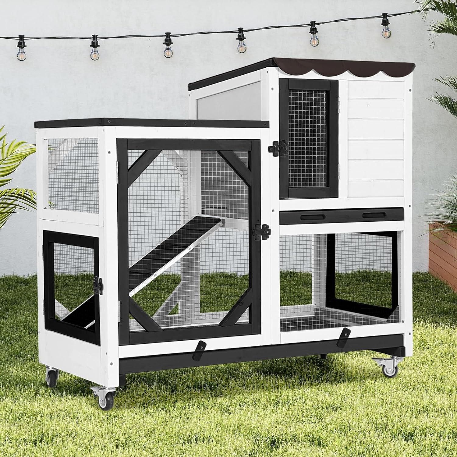 2-Story Rabbit Hutch Bunny Cage with Leak-Proof Trays & Chew-Proof Ramp - Indoor/Outdoor 39.3" Wooden Rabbit Cage with Wheels (Black)