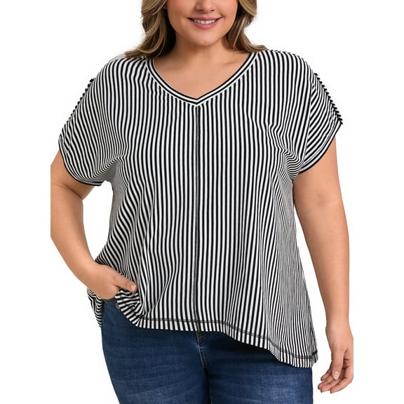 GRACE & GRANDEUR Women's Plus Size Tops Vertical Stripe V Neck Short Sleeve Blouses Drop Shoulder Top 2X Black