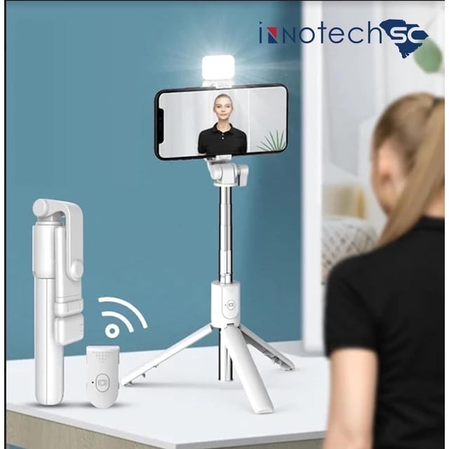 Innotech SC Trípode para Selfies de 42" con Control Remoto Inalámbrico Bluetooth y Luz de Relleno LED Desmontable para Teléfonos Inteligentes, Trípode para Selfies Extensible 3 en 1, Soporte para Teléfono y Trípode, Color Blanco