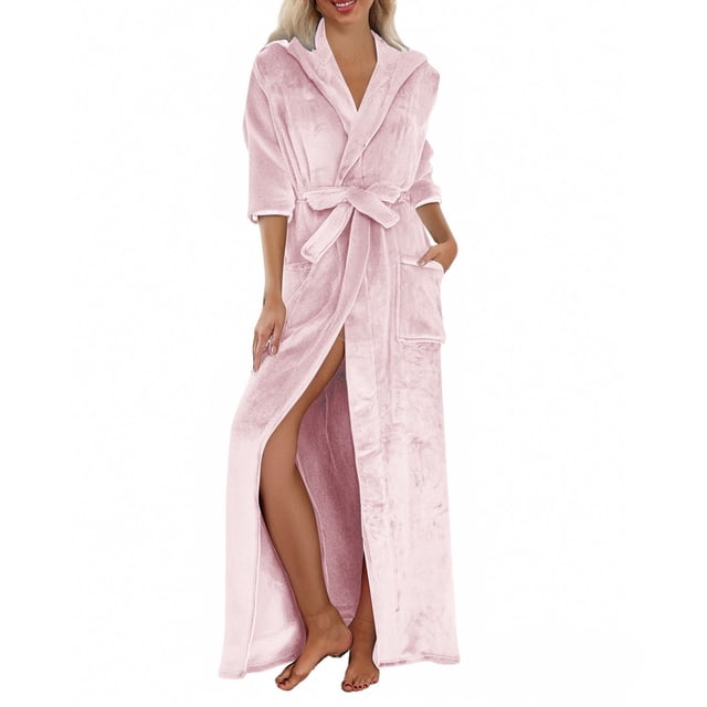 Women's Plush Hooded Fleece Bathrobe with Pockets and Eye Mask Winter Warm Fuzzy Flannel Robe Spa Kimono Full Length Shower Robe Soft Nightgown