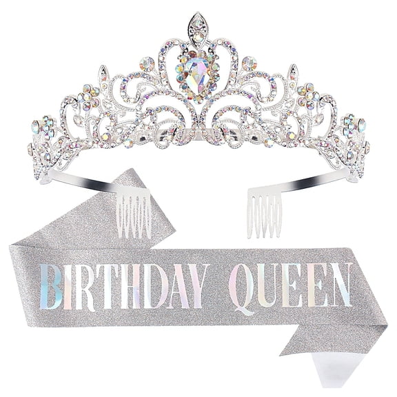 DESIGNICE Crowns for Women,Birthday Queen Crown & Sash Set,Silver Rhinestone Tiara Headband,Girls Birthday Party Accessory