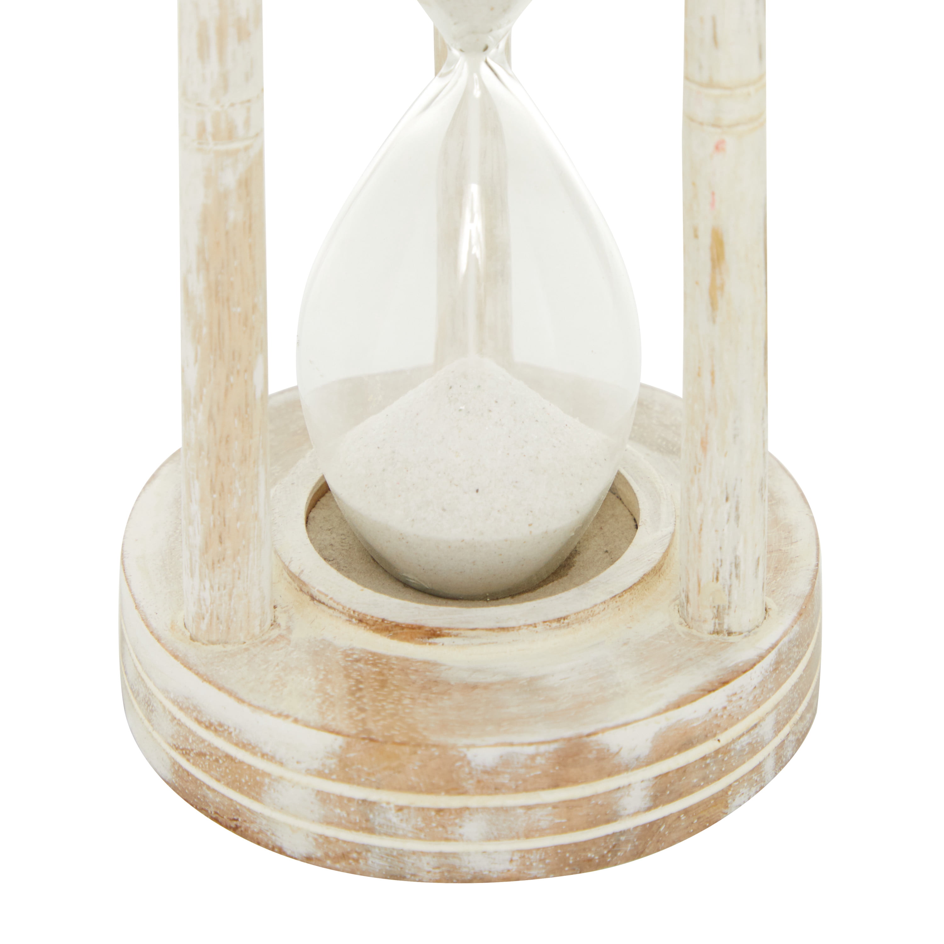 DecMode Farmhouse Wood Sand Filled Glass Timer 4"W x 7"H with Mango Wood Frame and Distressed White Finish