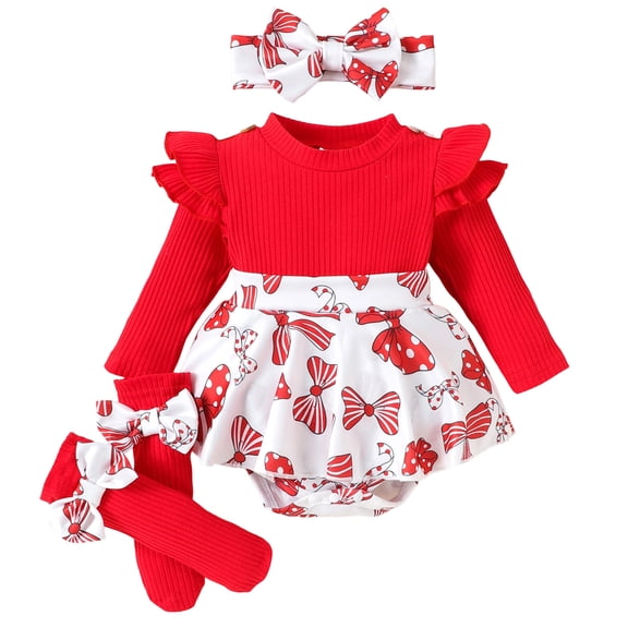 SonxaHe Infant Girl's Outfit Set Bow Print Long Sleeve Jumpsuit Headband Socks Baby Holiday Cute Loose Soft Outfits,3-Piece Red,Sized 9-12 M