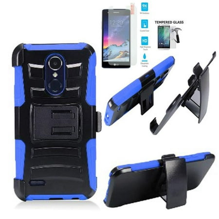Phone Case for Straight Talk LG Rebel 4 (Tracfone)/ AT&T Prepaid Phoenix 4 Case / Aristo 3 Case / LG Tribute Empire Holster Belt Clip + Rugged Cover Stand (Holster Blue Edge Case / Tempered
