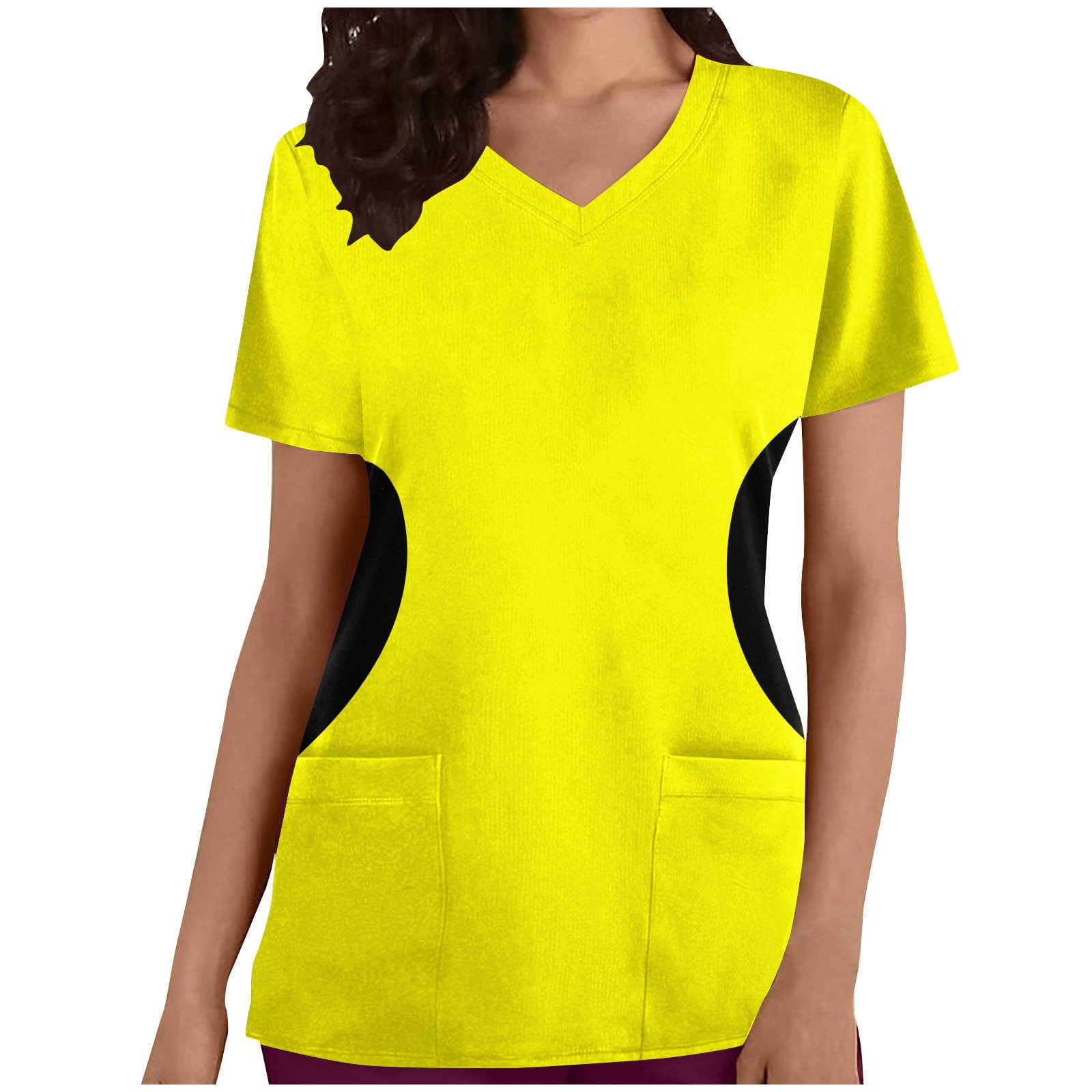 Xfvqtps V-Neck Scrubs Tops for Women Soft Stretch Wrinkle-Resist Medical Nursing Uniform with 2 Pockets Comfortable Lightweight Working Uniform Short Sleeve Printing Blouse Yellow