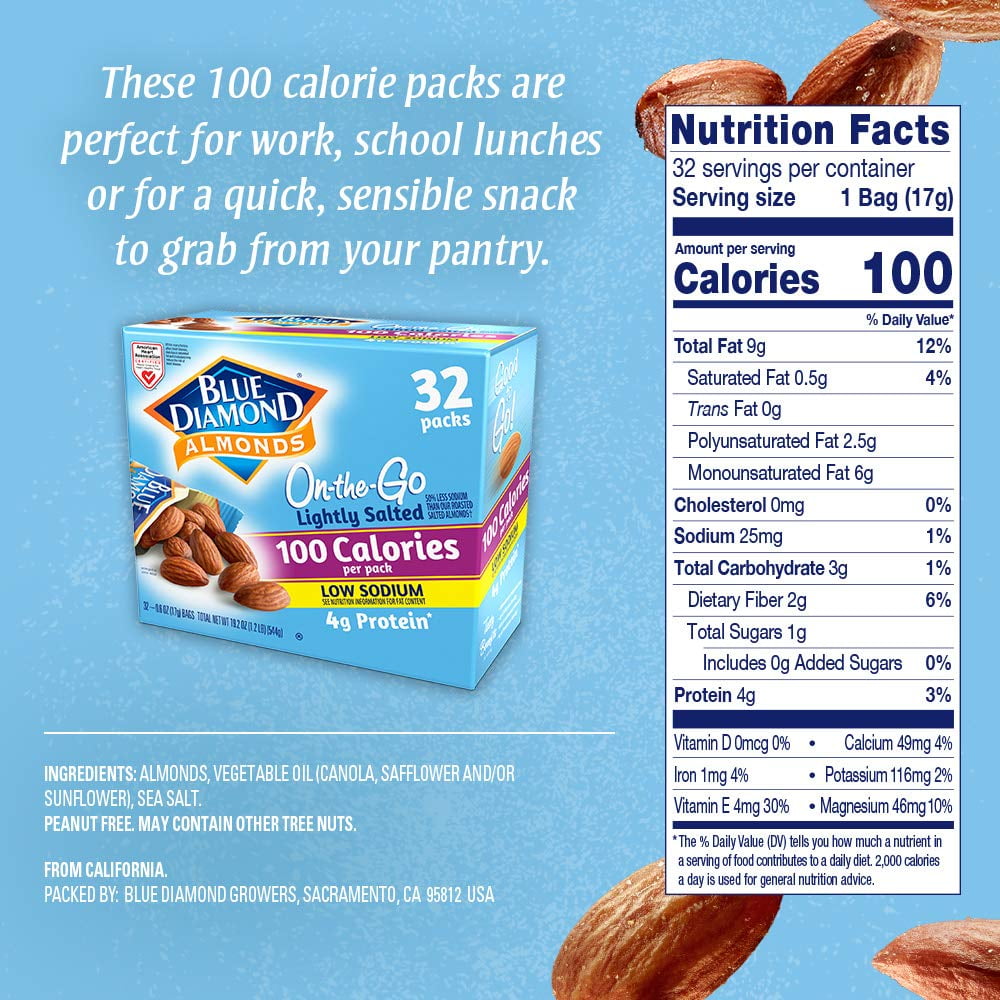 Blue Diamond Almonds Lightly Salted, Low Sodium, 100 Calorie Packs, 32 Count