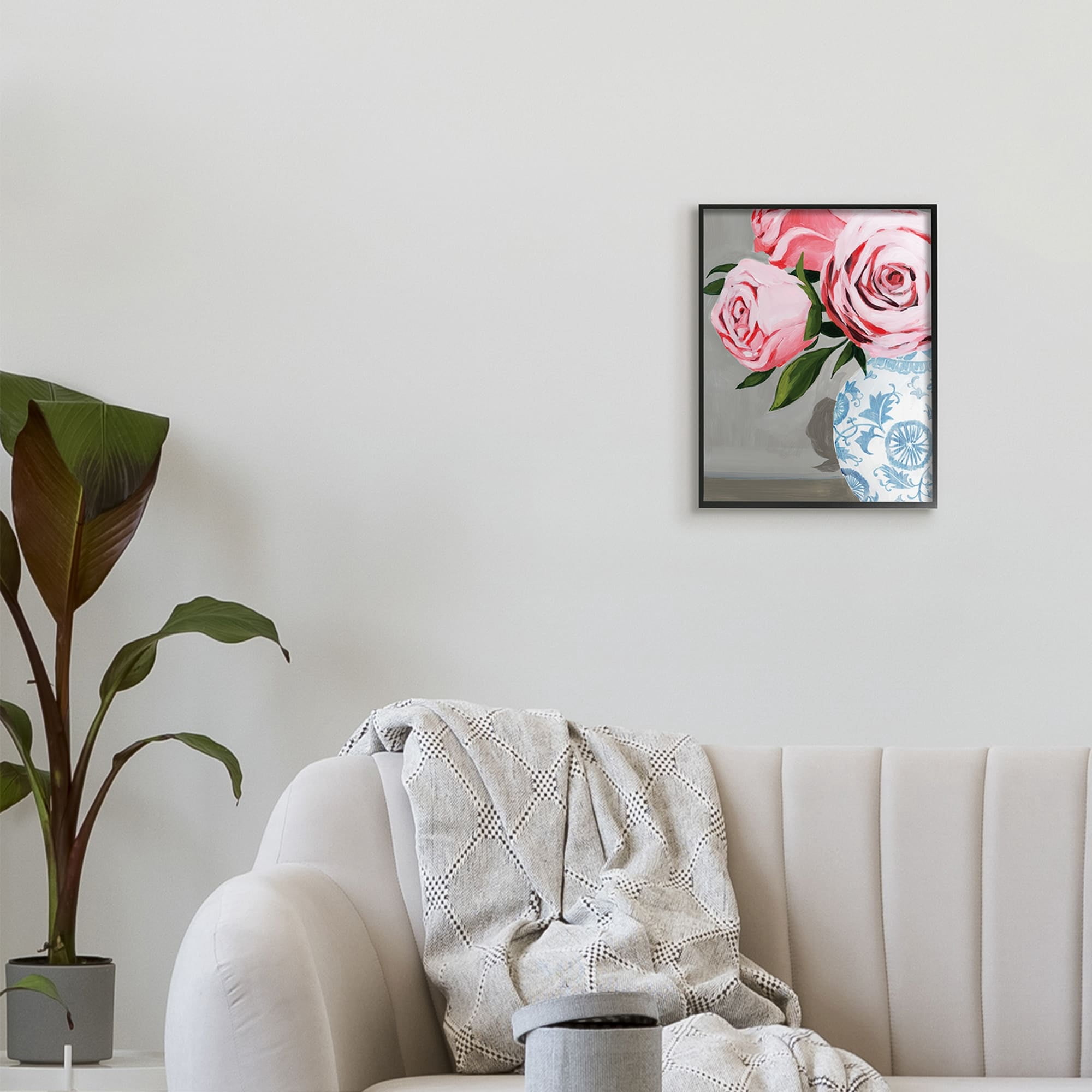Stupell Industries Blossoming Pink Roses in Ornate Blue Vase,24 x 30,Designed by Grace Popp