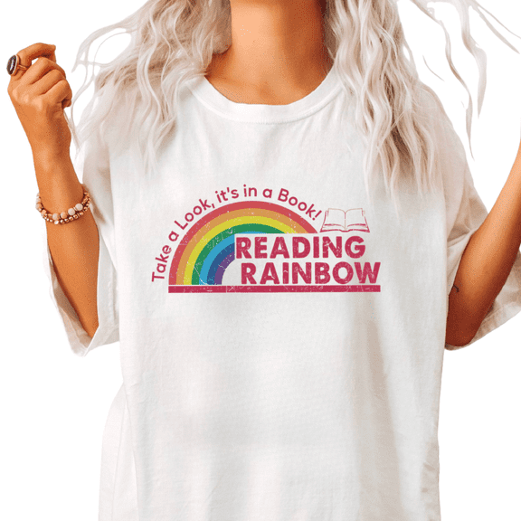 Reading Rainbow Take A Look Print Tshirt White S-5XL Retro Playful Book Lover Graphic Tees Shirts Tops