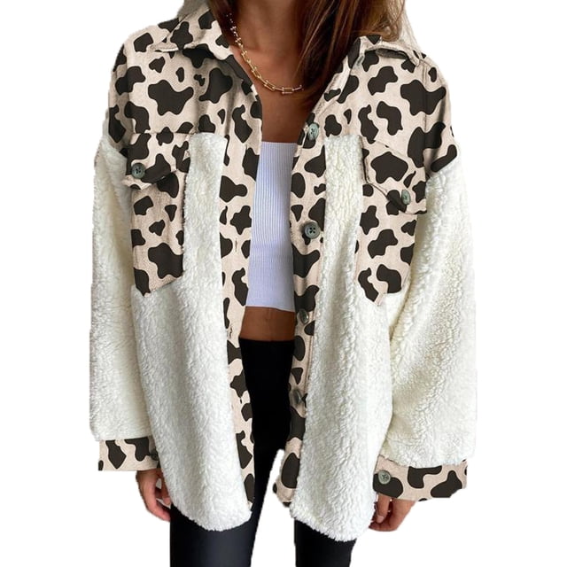 Women's Fleece Plaid Shacket Jacket Lapel Button Short Pocketed Shirts Coats Winter Warm Sherpa Jacket