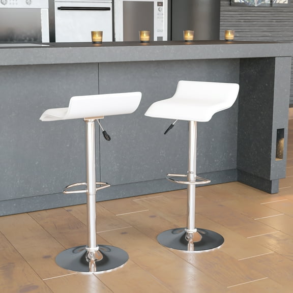 Flash Furniture Athens 2 Pack Contemporary White Vinyl Adjustable Height Barstool with Solid Wave Seat and Chrome Base