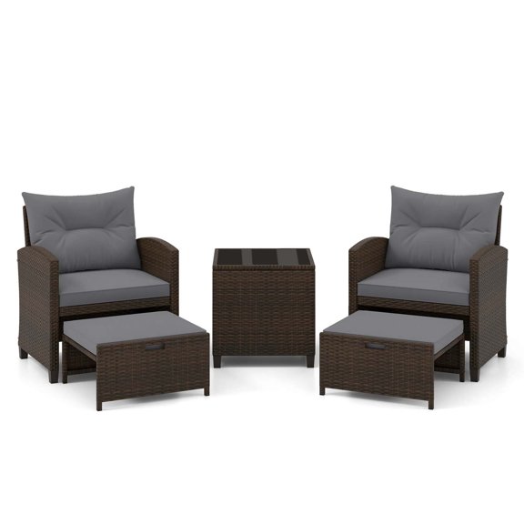 Gymax Set of 5 Rattan Furniture w/ 2 Wicker Ottomans & Tempered Glass Coffee Table Patio Gray