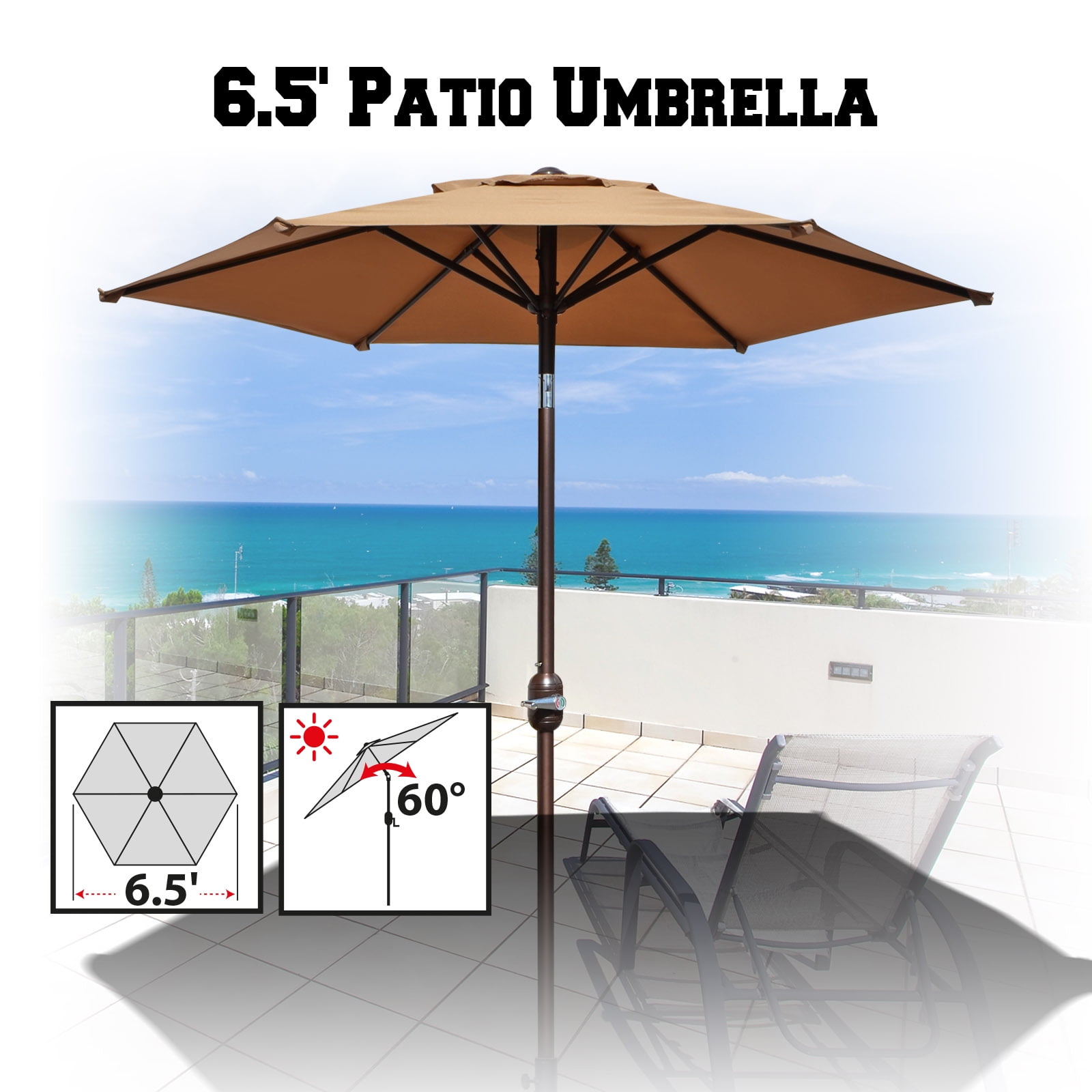 Sunrise 6.5' Patio Umbrella Garden Parasol Market Sunshade with Tilt and Crank (Tan) Walmart