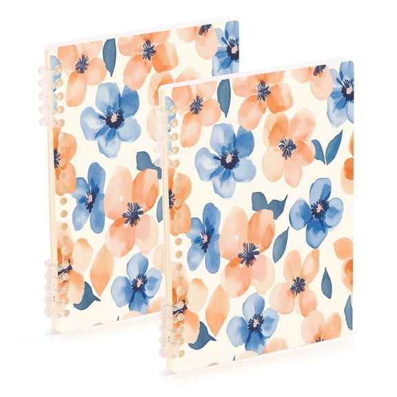 WOBOGO Pastel Peach and Blue Flowers Notebook College Horizontal Grid Paper Ink Spill Resistant Water Resistant Cover 8.3x5.7x0.4in
