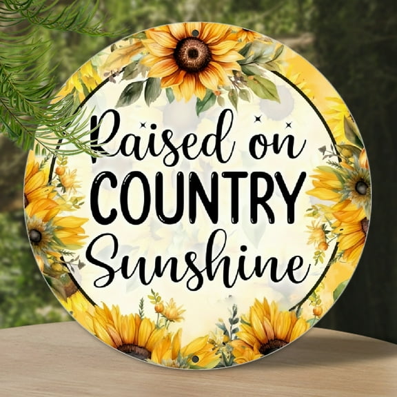 1pc Raised On Country Sunshine Metal Sign,Sunflower Wreath Sign, Sunflower Welcome Wreath Signs, 8x8 inch Wall Art Round Shaped Aluminum Sign, Garden Metal Sign for Home Party Decor