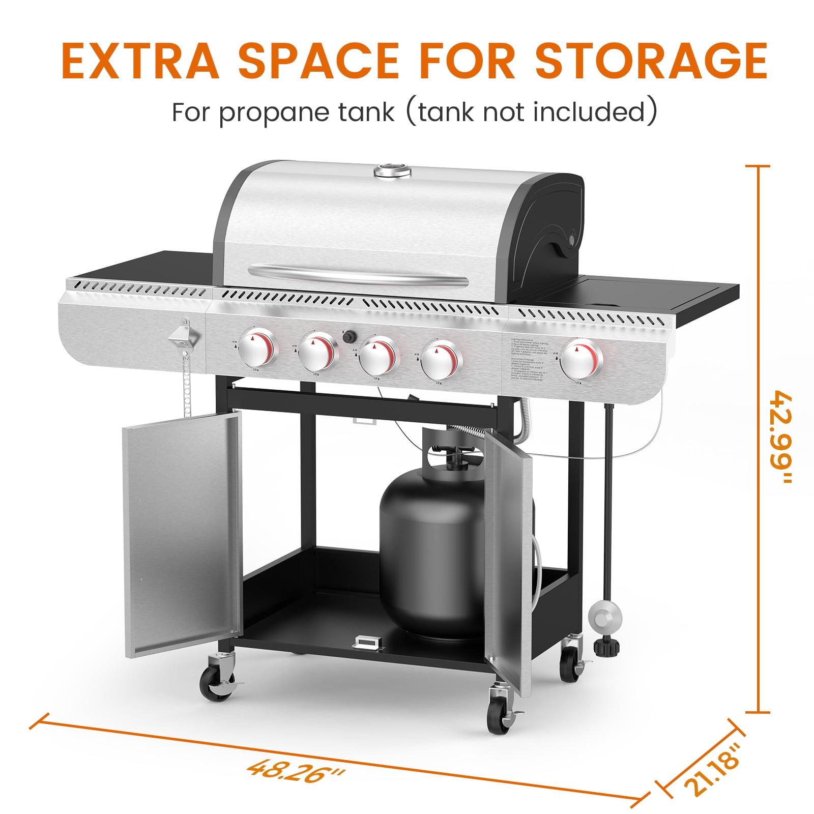KNDKO 4-Burner Propane Gas Grill with Side Burner, 42,000 BTU Stainless Steel BBQ Grill, Porcelain-Enameled Cast Iron Grates, Heavy-Duty Design for Camping & Outdoor Cooking