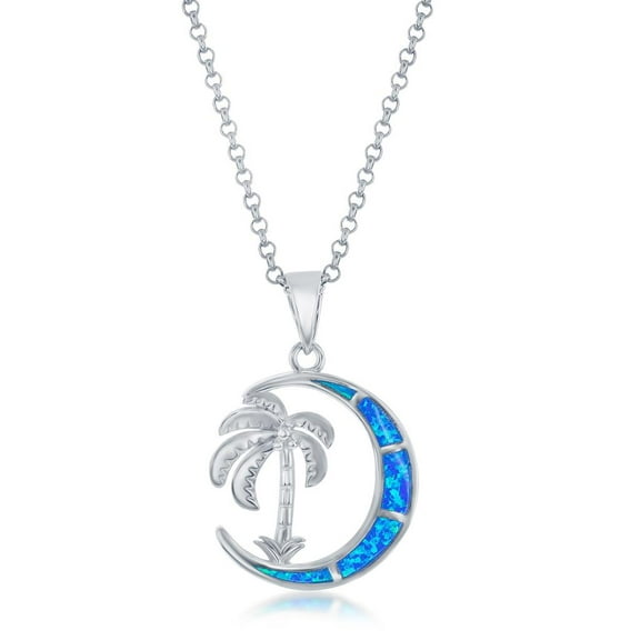 Beaux Bijoux Palm Tree, Created Blue Opal Crescent Moon 16 2” Pendant Necklace Sterling Silver Jewelry for Women or Teens