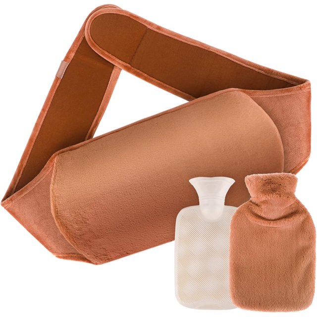 Bolsa de agua caliente de 1 l con funda suave para la cintura para aliviar el dolor de espalda, cuello, manos y pies, marrón