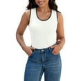 thumbnail image 1 of ATHLECHIC Camisetas de punto acanalado para mujer, con bloque de color, ajustadas, de cuello redondo, chalecos de verano casuales, S Blanco Negro, 1 of 5