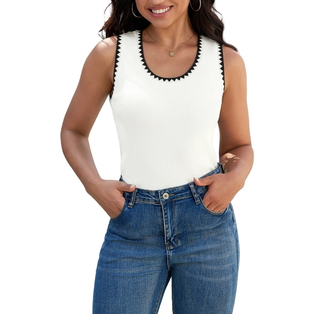 ATHLECHIC Camisetas de punto acanalado para mujer, con bloque de color, ajustadas, de cuello redondo, chalecos de verano casuales, S Blanco Negro