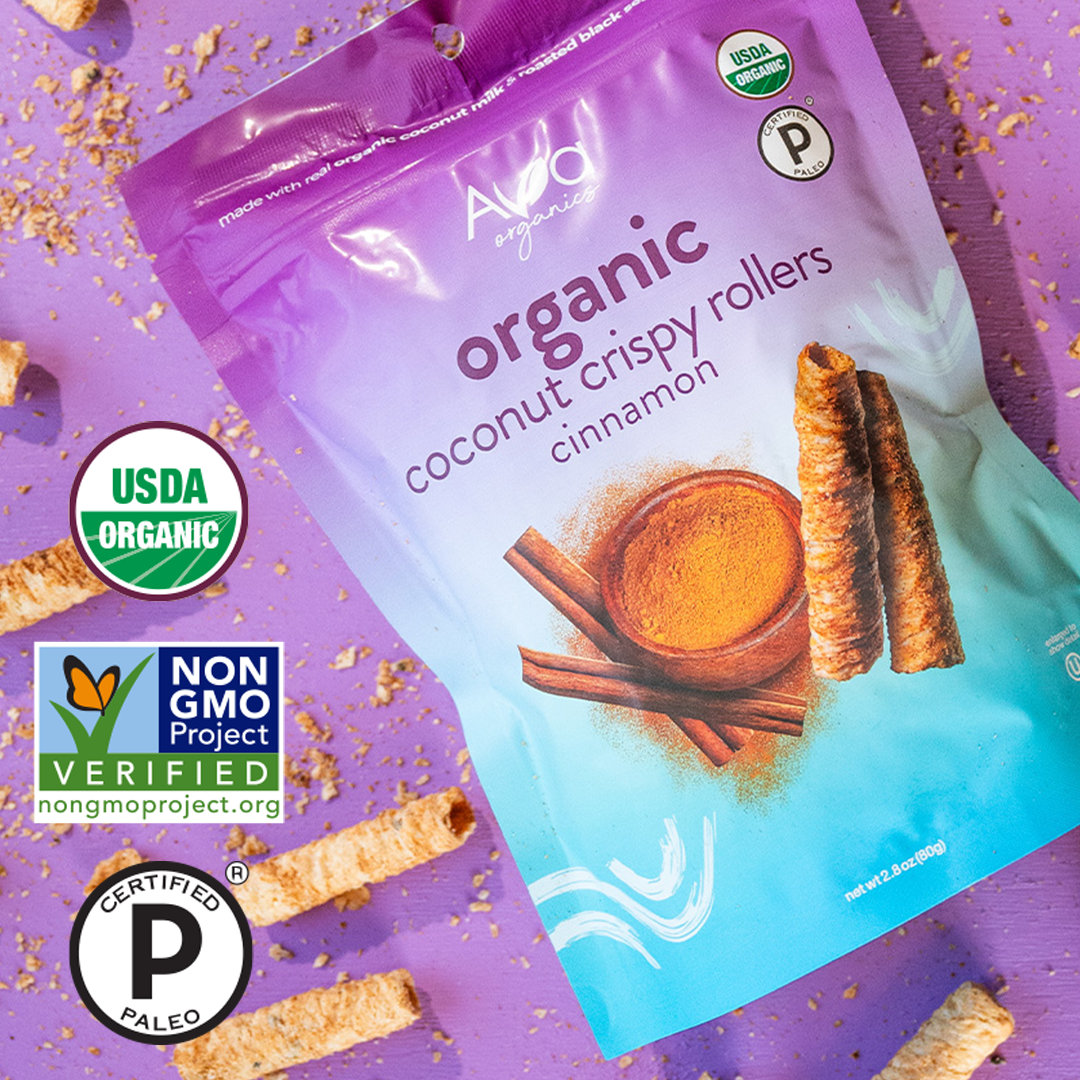 Ava Organics Coconut Crispy Rollers Cinnamon Gluten-Free Vegetarian (Pack of 8), 2.8 oz