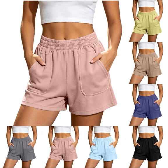 AHTJRT Women's Sweat Shorts Casual Summer Comfy Stretch Cotton Loungewear High Elastic Waist Shorts with Pockets Pink XL