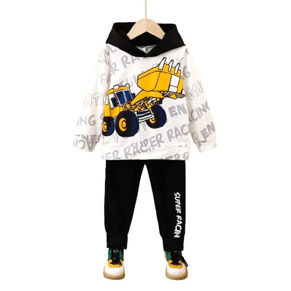 Mikrdoo 2 Years Baby Boys Clothes 3 Years Boys Outfits Excavator Print Letter Graphics Long Sleeve Casual Fall Winter Hoodies Tops Elastic Pants 2Pcs OOTD White