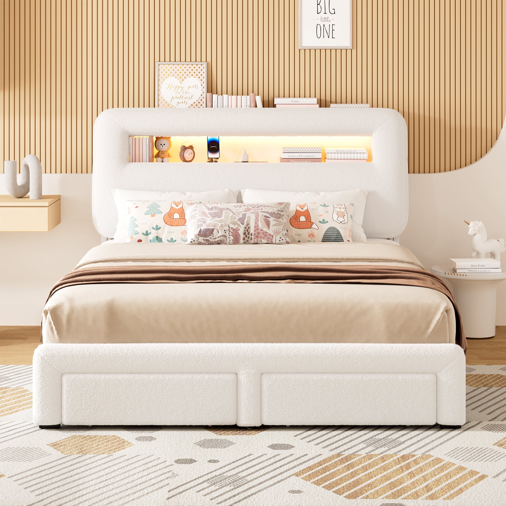 Miniyam King Bed with Storage Drawer, Sherpa Upholstered Headboard, LED Light & USB Charging for Adult