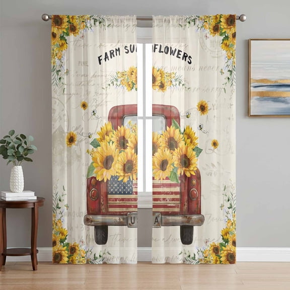 Sunflower Truck Sheer Curtains 63 Inch Length 2 Panels Set Window Treatments, Summer Botanical Elegant Pastoral Floral Rod Pocket Semi Curtains for Living Room/Bedroom/Kitchen Décor, 104"W x 63"L
